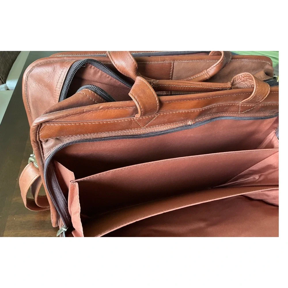 USL Vintage Leather Briefcase Messenger Bag Cognac Brown Multi Pocket Laptop Bag